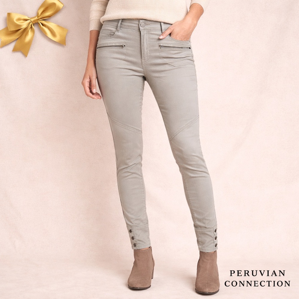 Peruvian Connection Moto Style Pants Beige Button Ankle Detail W32 Size 10